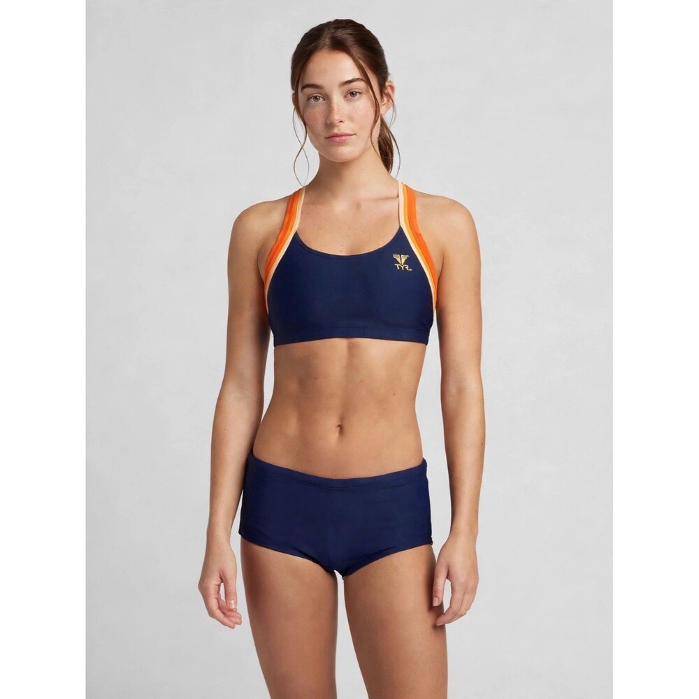 TYR Womens S Navy Orange Racerback Bikini Set Boyshorts Bottom 2 PC Activewear